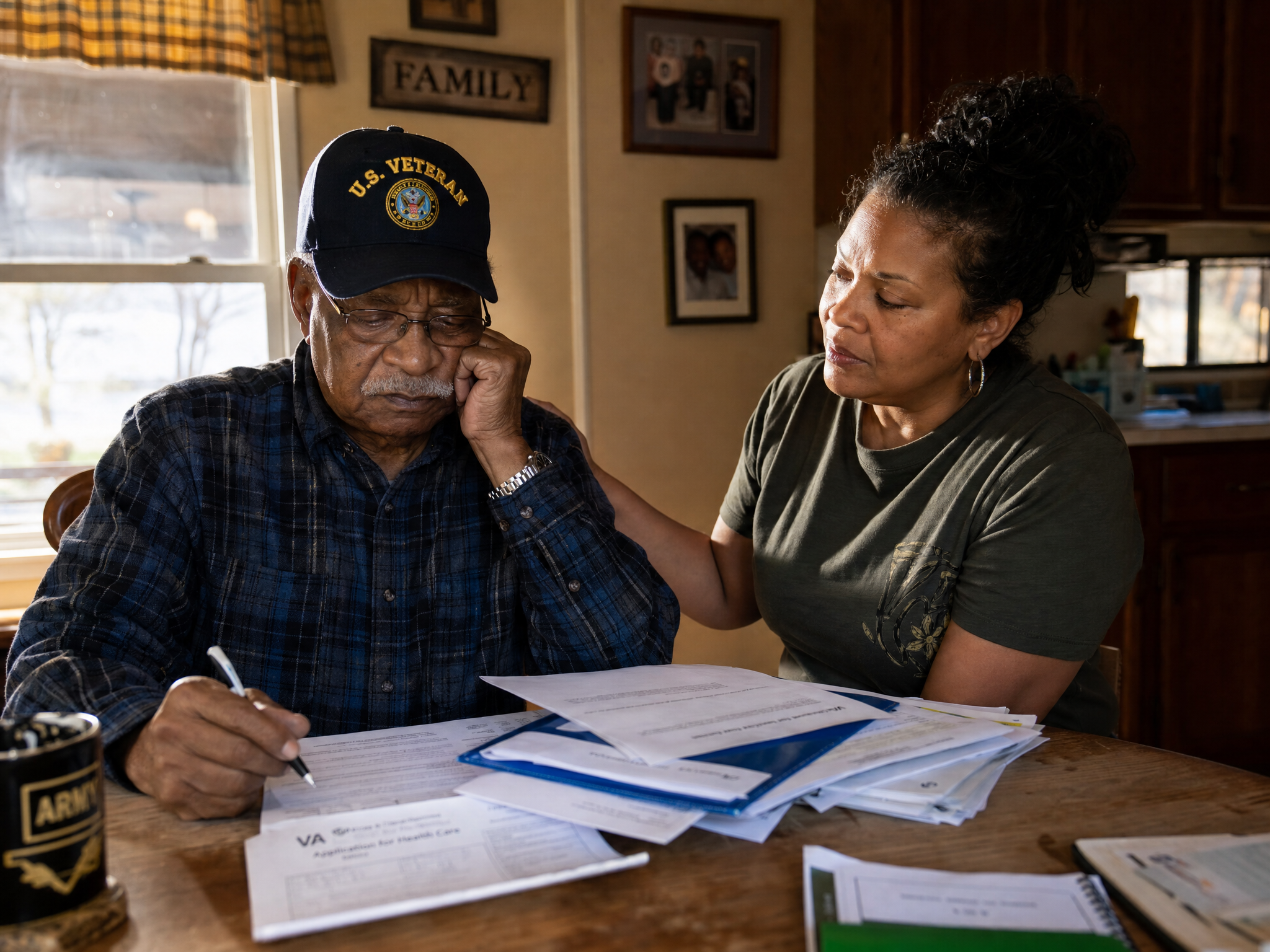 A senior African American veteran reviewing employment and medical paperwork at his kitchen table, supported by his adult daughter