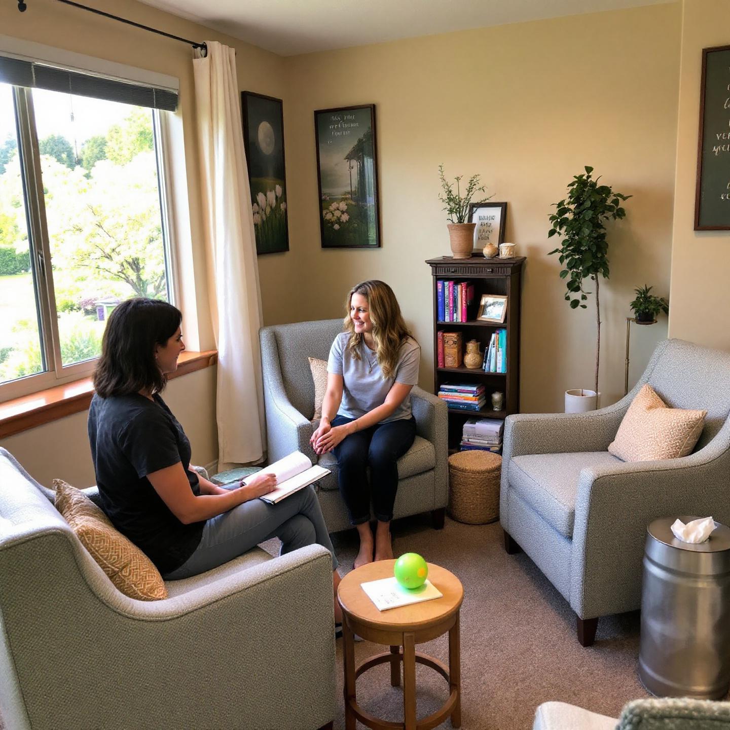 Serene therapy room representing a safe space for PTSD treatment