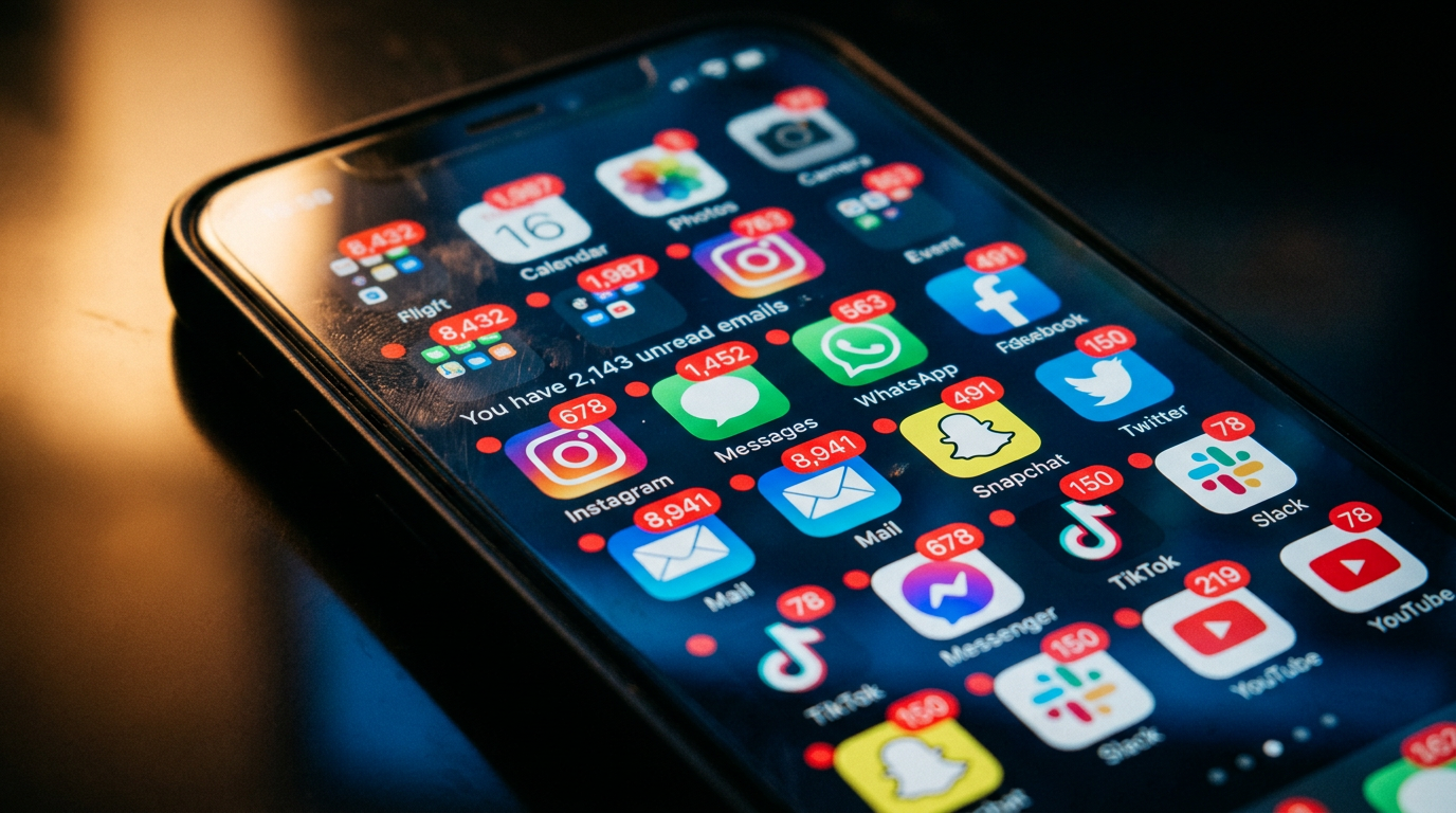 Tela de smartphone repleta de notificações e alertas representando sobrecarga digital