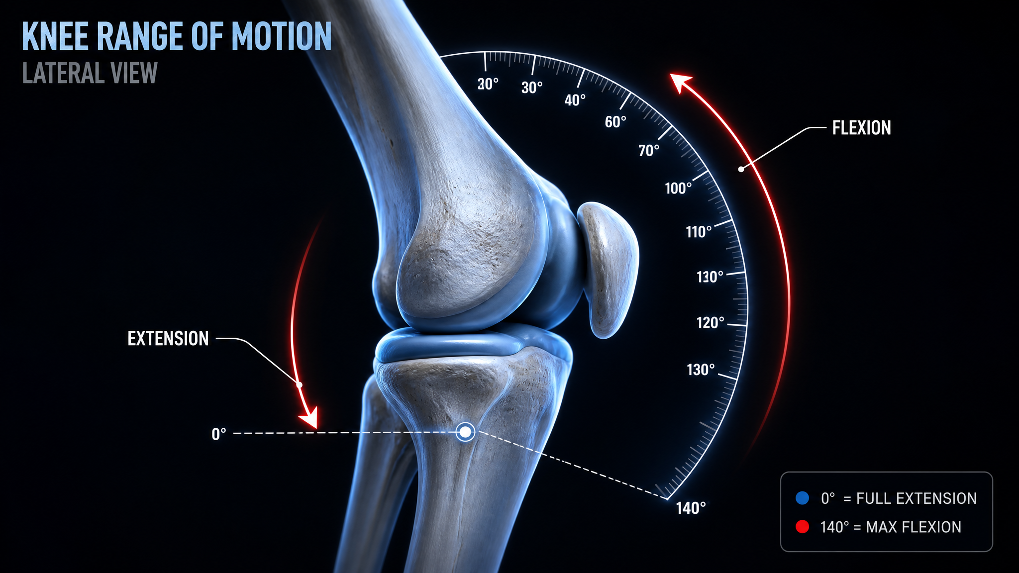 Lateral knee diagram showing the flexion-to-extension motion arc with a goniometer angle