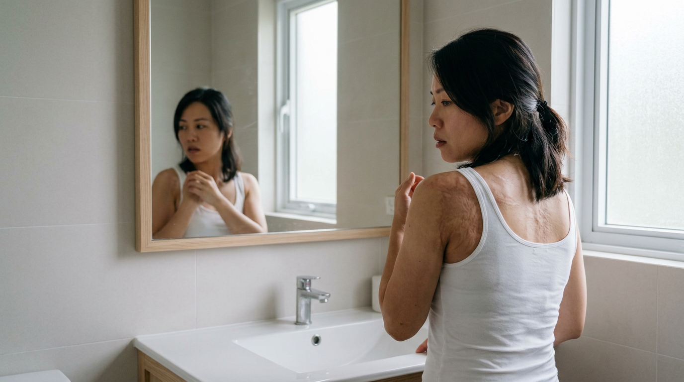 Asian woman veteran in a bathroom looking at a burn scar on her upper arm in the mirror with a focused expression