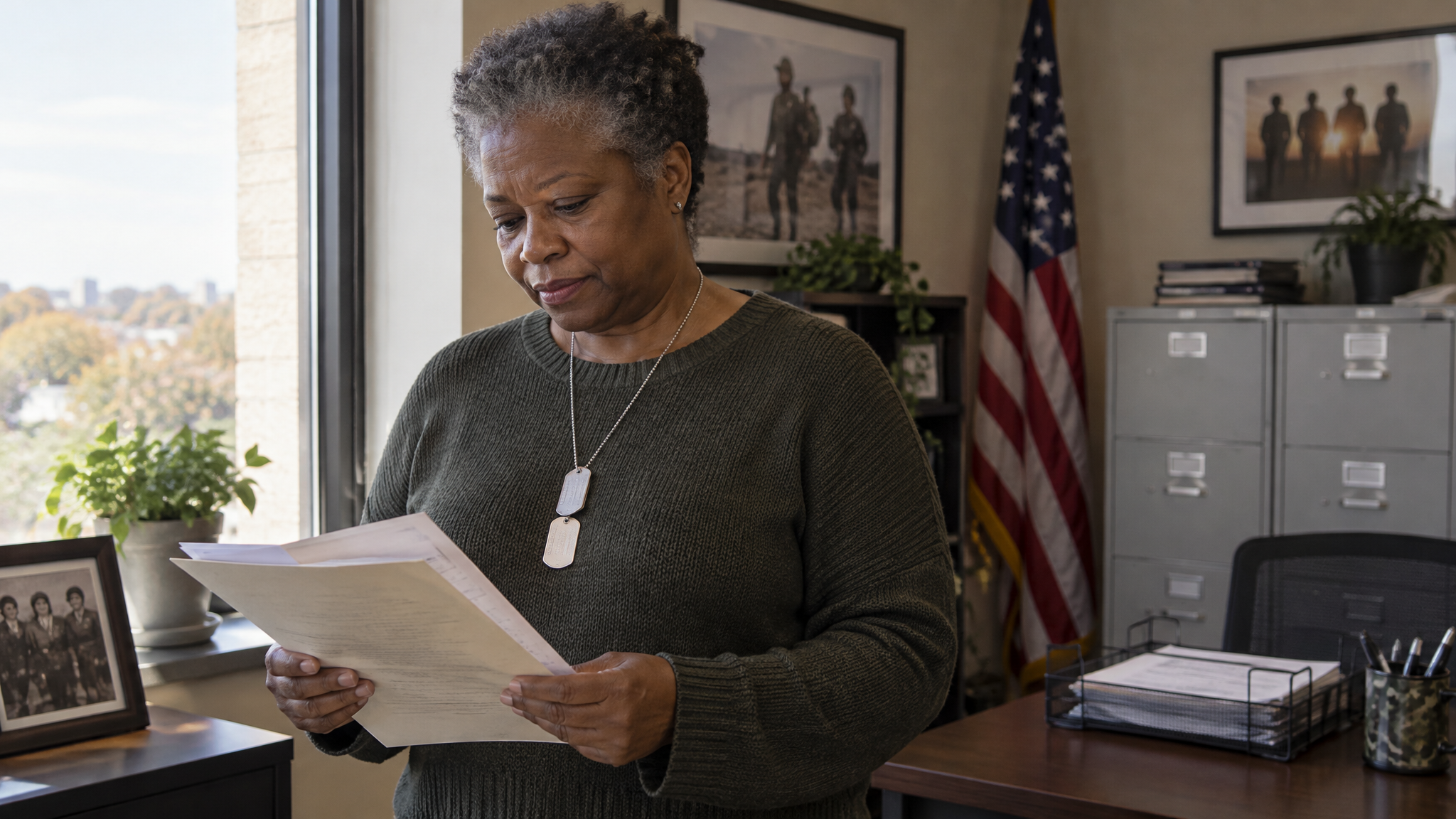 A woman veteran wearing her dog tags holding her discharge papers by a window