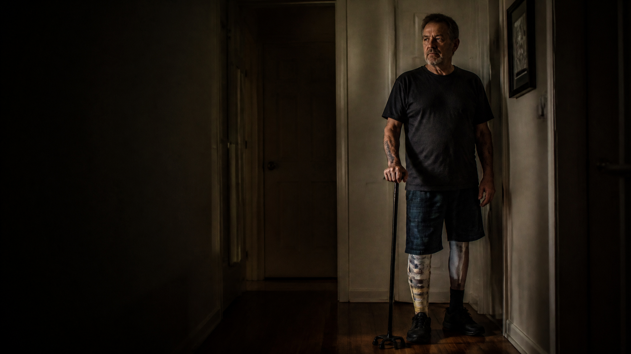 A military veteran standing in a home hallway with one leg held rigid and straight, leaning on a cane because the knee cannot bend, in somber light