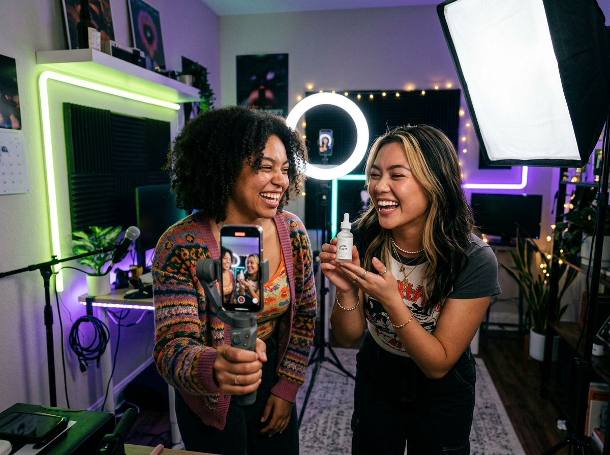 two friends recording a video together in a small home studio with a ring light and softbox