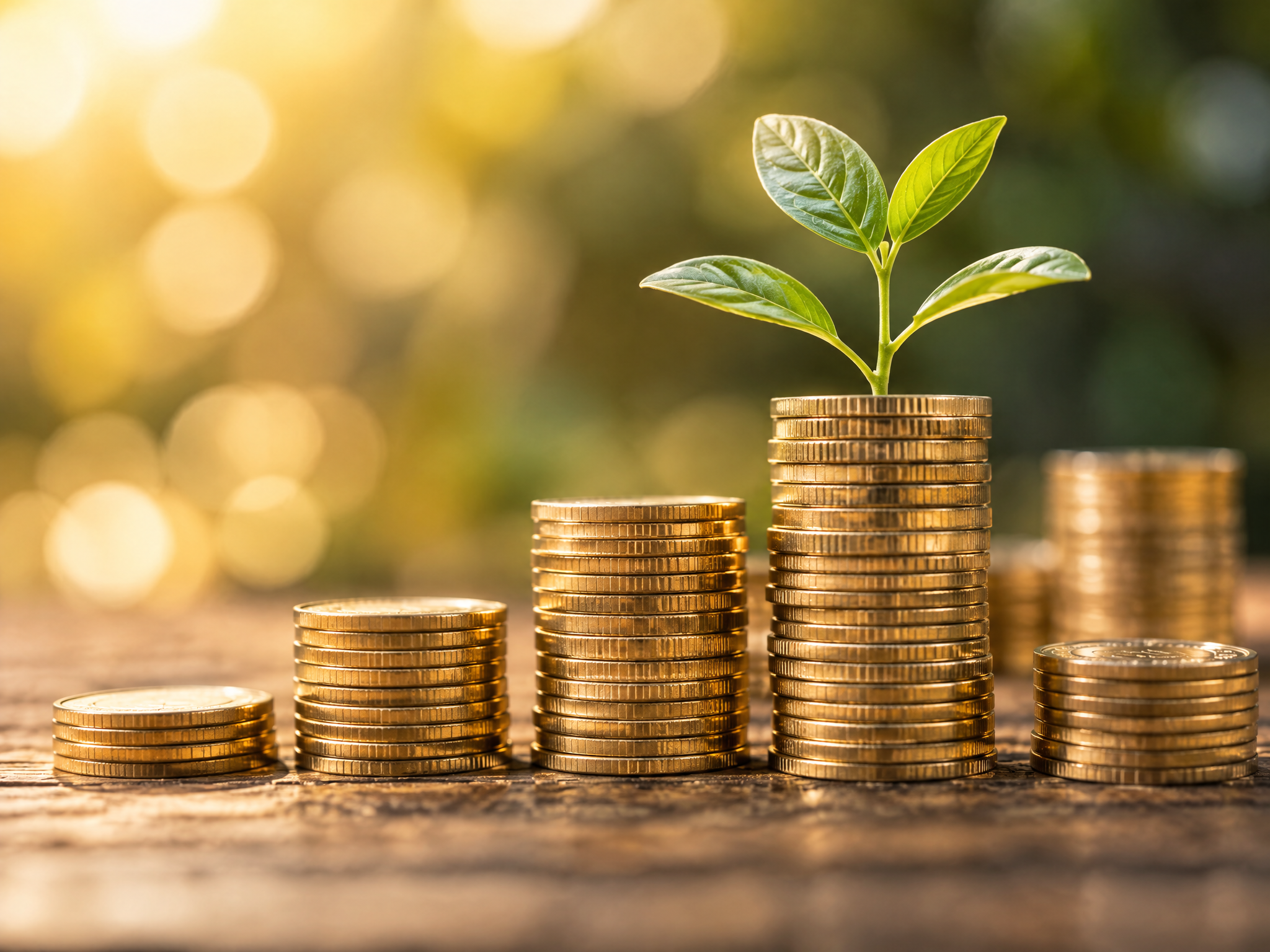Gold coins with growing plant representing financial growth