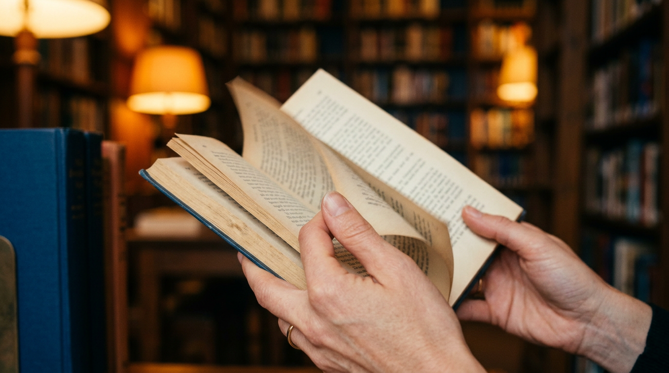 Mãos segurando livro aberto com iluminação quente representando leitura como exercício cognitivo