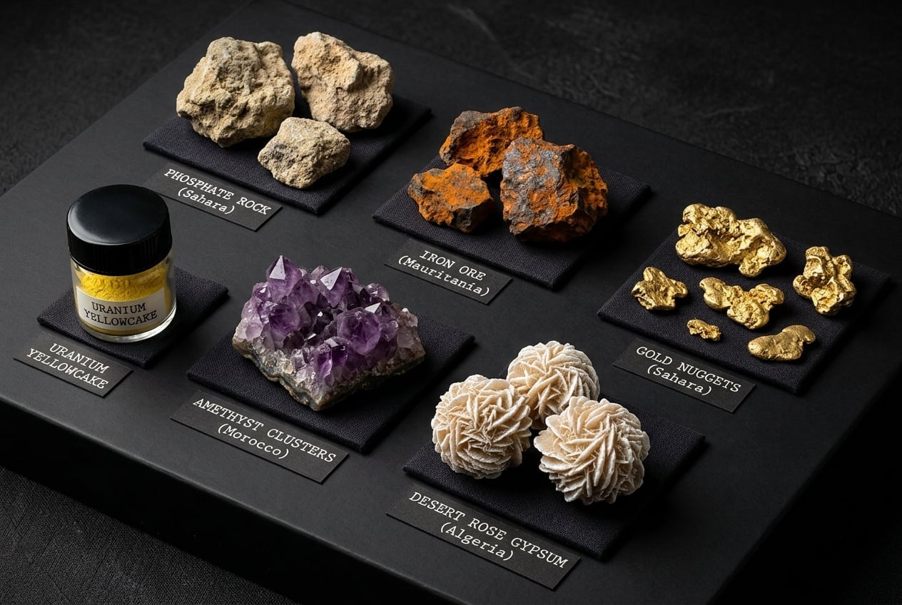 Collection of minerals from the Sahara: phosphate, iron ore, gold, uranium, amethyst, and desert rose crystals