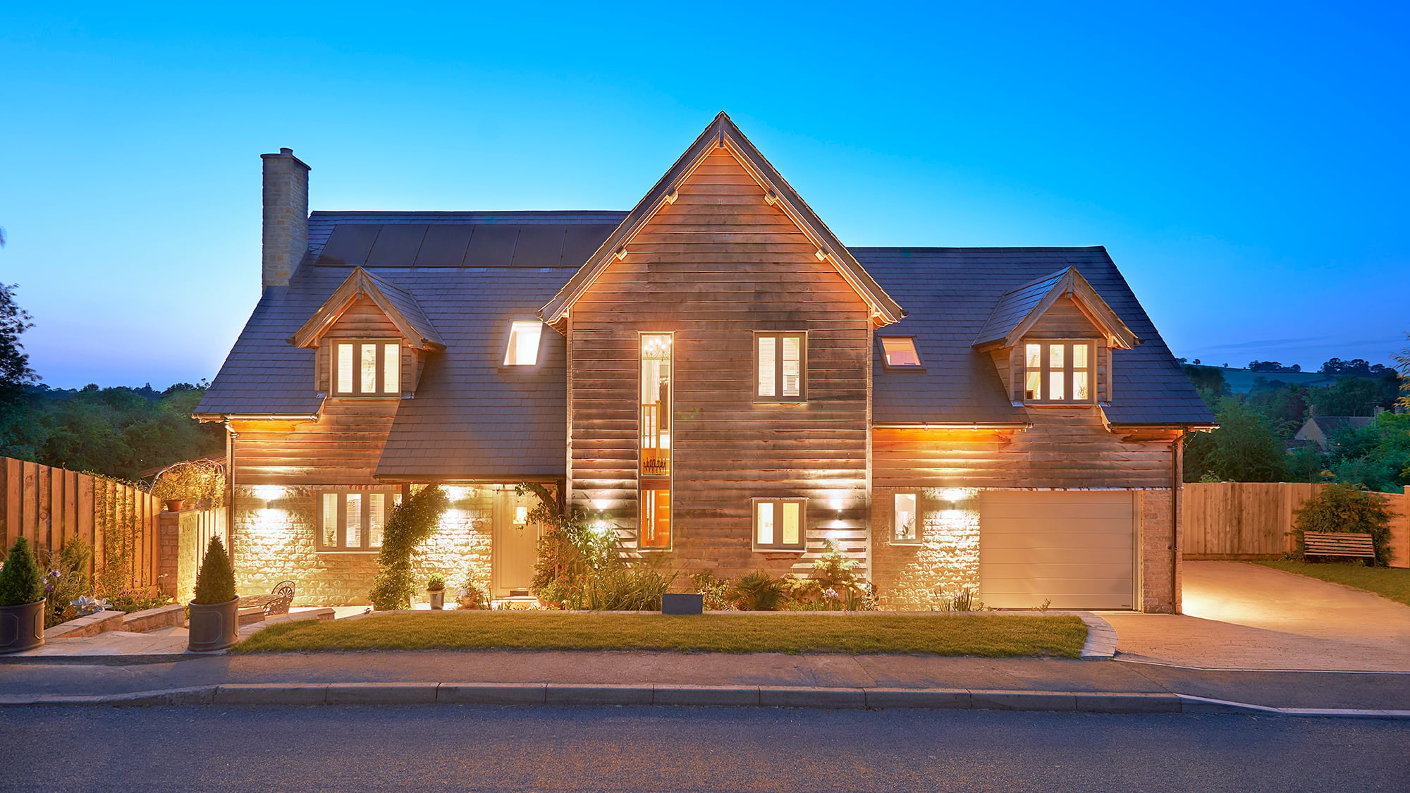 Elegant residential driveway at dusk