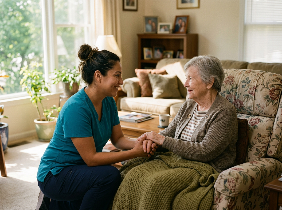 Family caregiver warmly assisting an older woman veteran at home