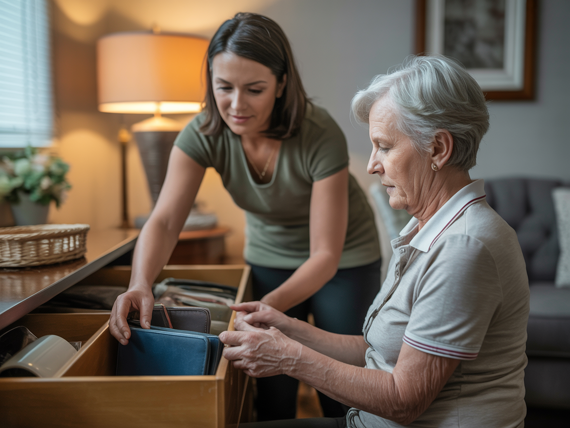 Professional compassionately helping elderly person organize belongings