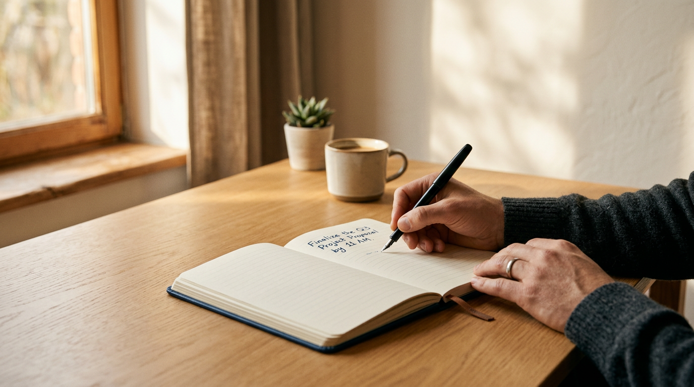 Mesa minimalista com caderno aberto e tarefa única representando produtividade intencional