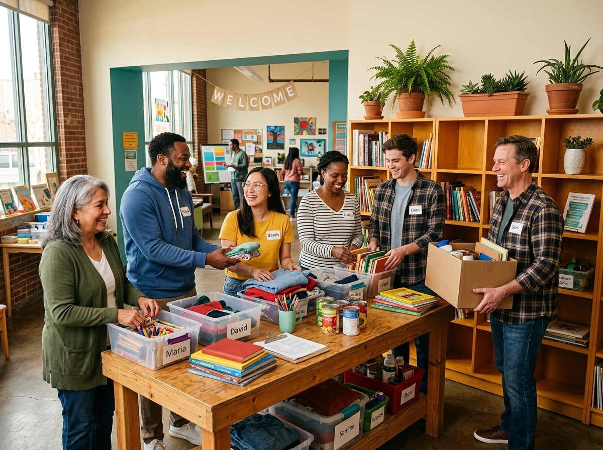 A diverse community group gathered together, smiling and connecting
