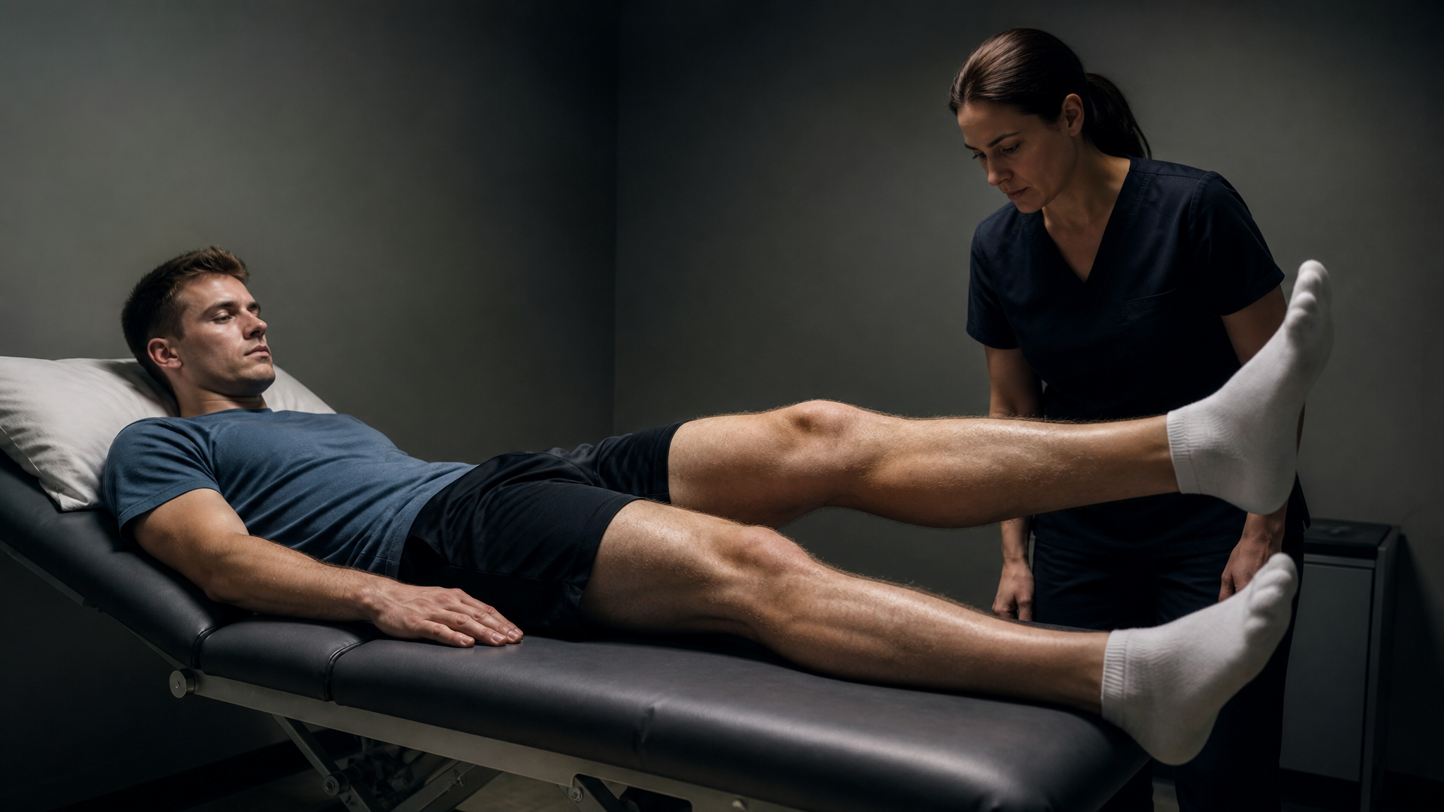 Photograph of a patient lying supine attempting to lift and hold the leg straight, the knee sagging into a bend while a clinician observes