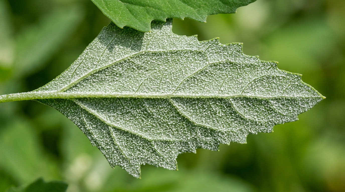 Close-up of lamb's quarters leaf showing the distinctive white mealy coating and diamond-shaped form