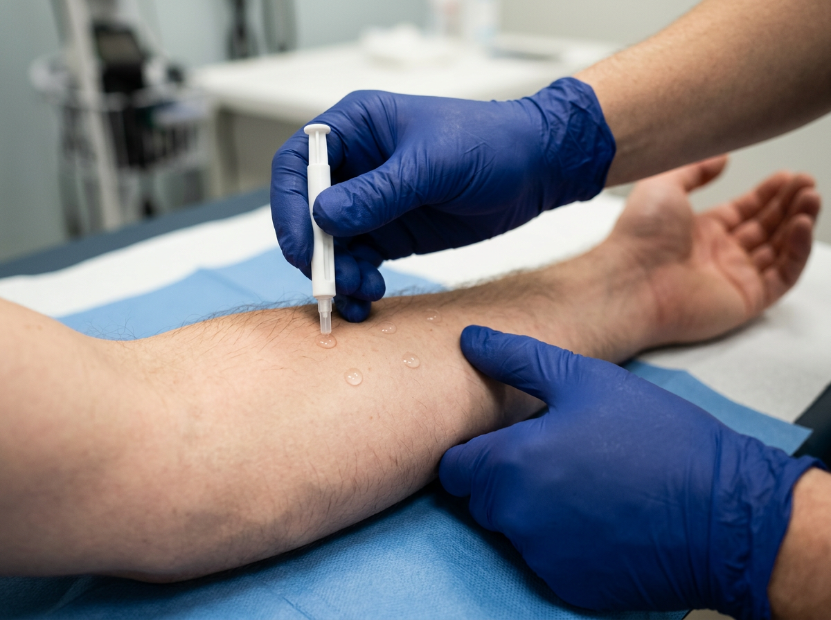Close-up of gloved clinician hands performing an allergy skin-prick test on the forearm of a male veteran with drops of allergen solution on the skin