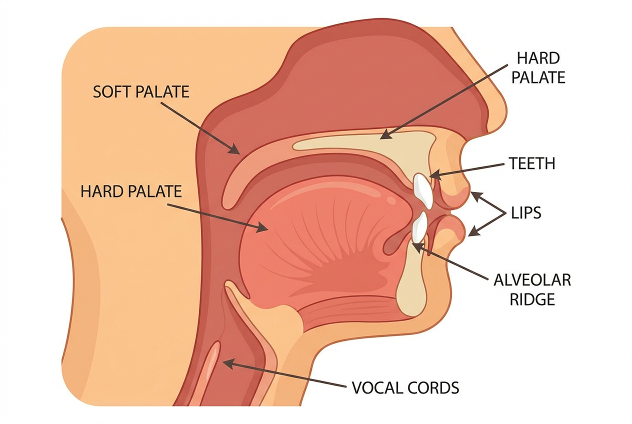 Artikülasyon pozisyonlarını gösteren ağız ve dil anatomisi diyagramı