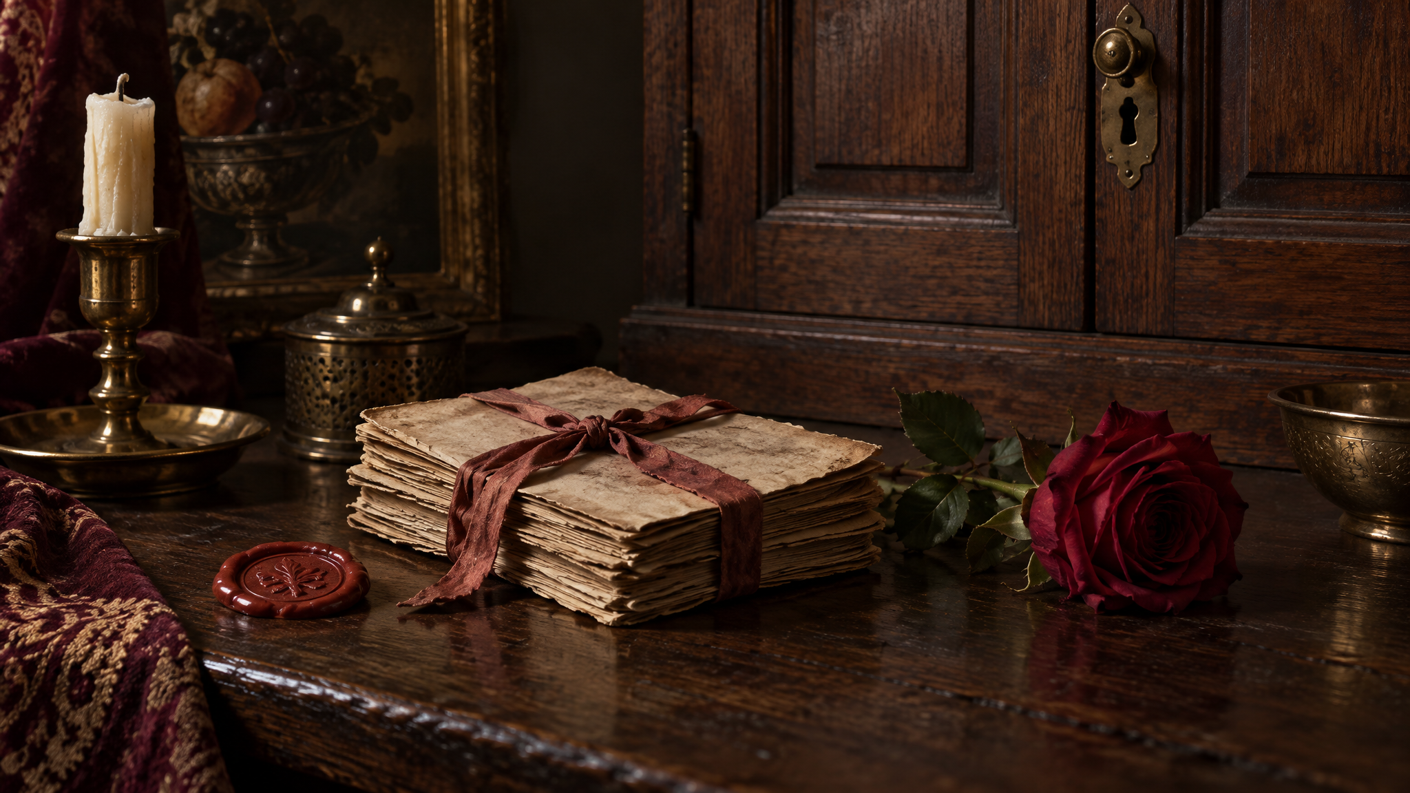 Old pamphlets tied with ribbon beside a dried rose and a wax seal