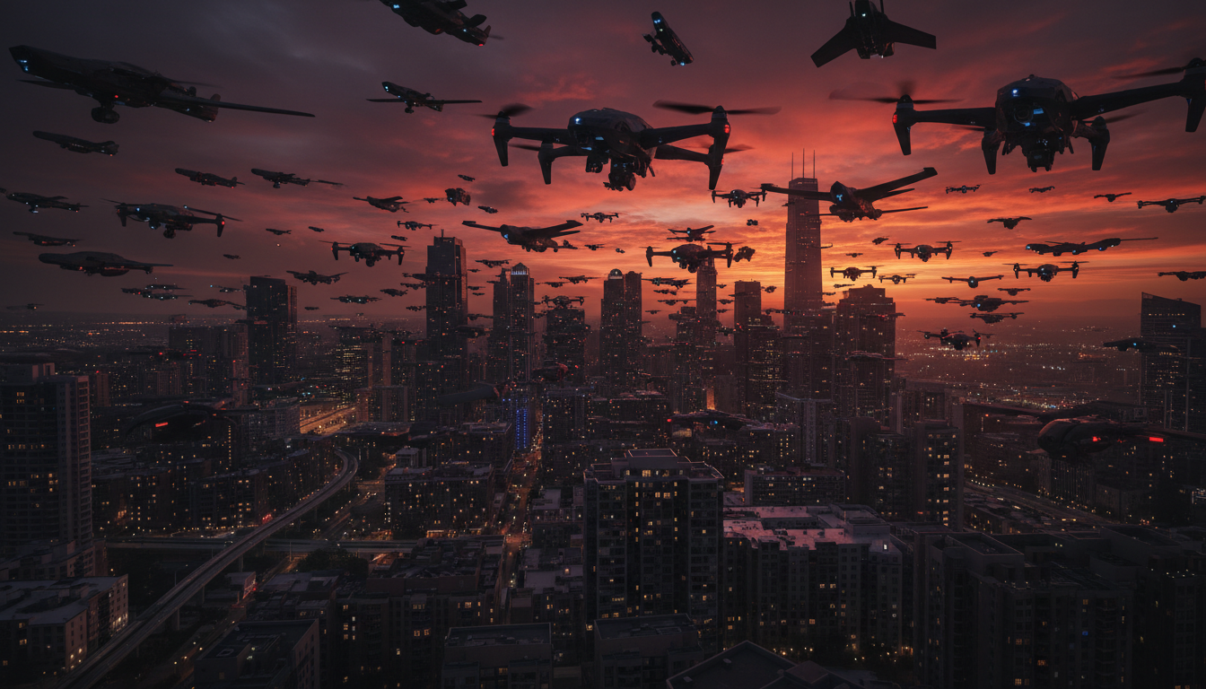 Autonomous drones swarming over a city at dusk