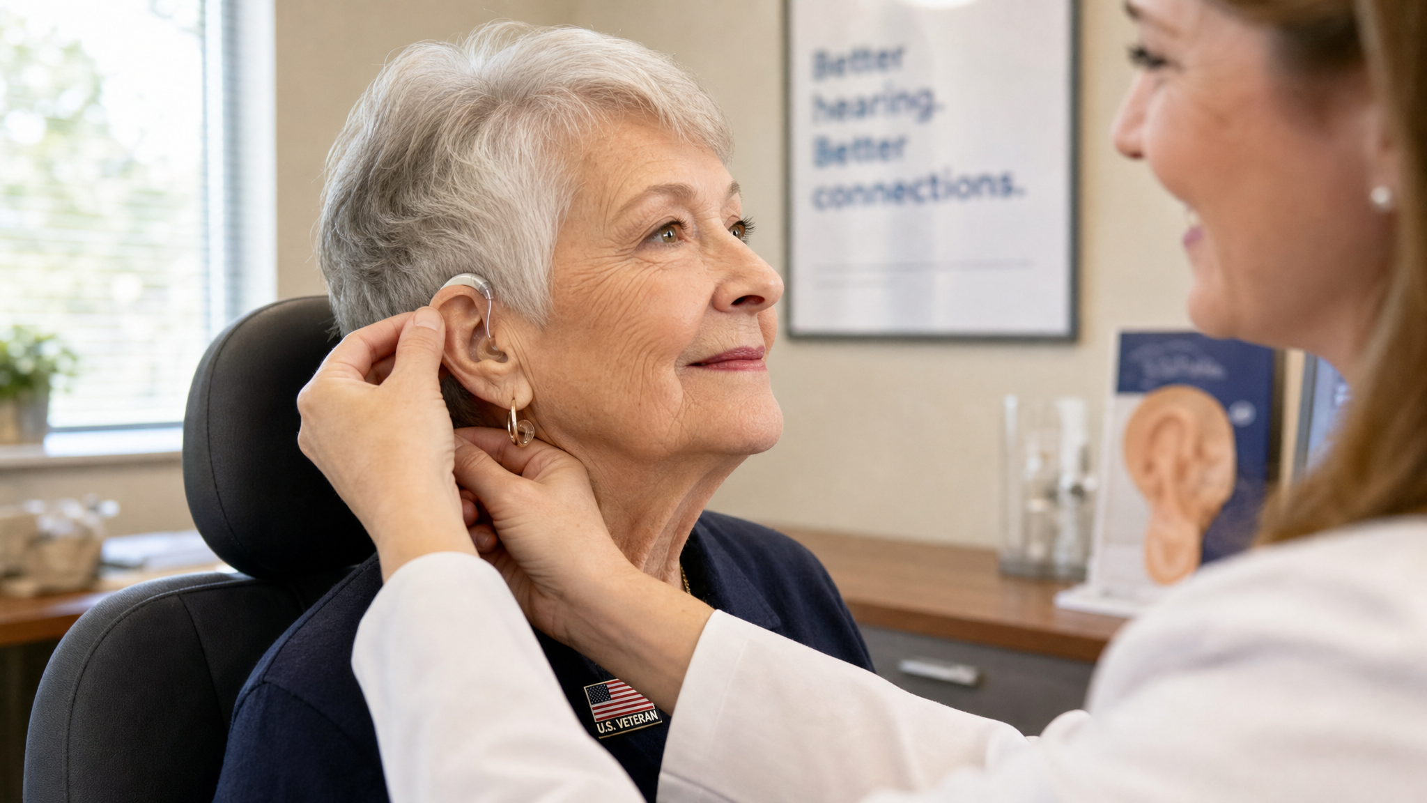 A senior White female veteran being fitted with a hearing aid by an audiologist