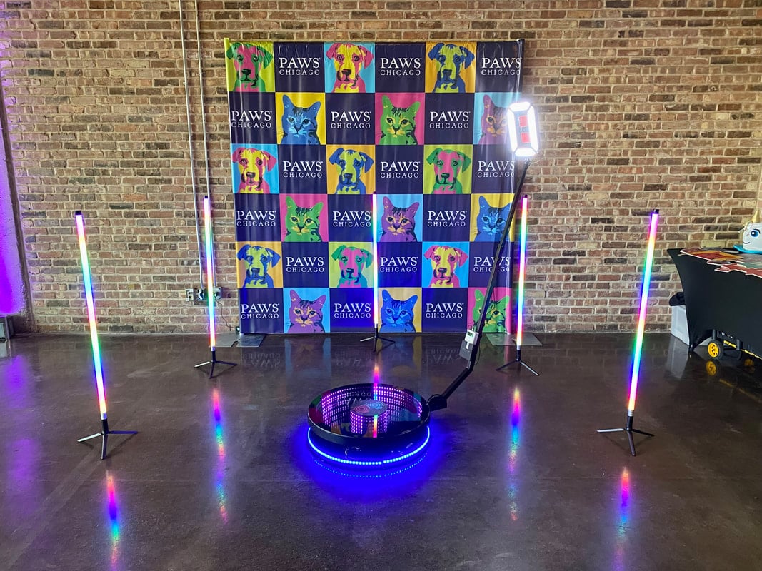 360 camera booth setup with ring light at a party