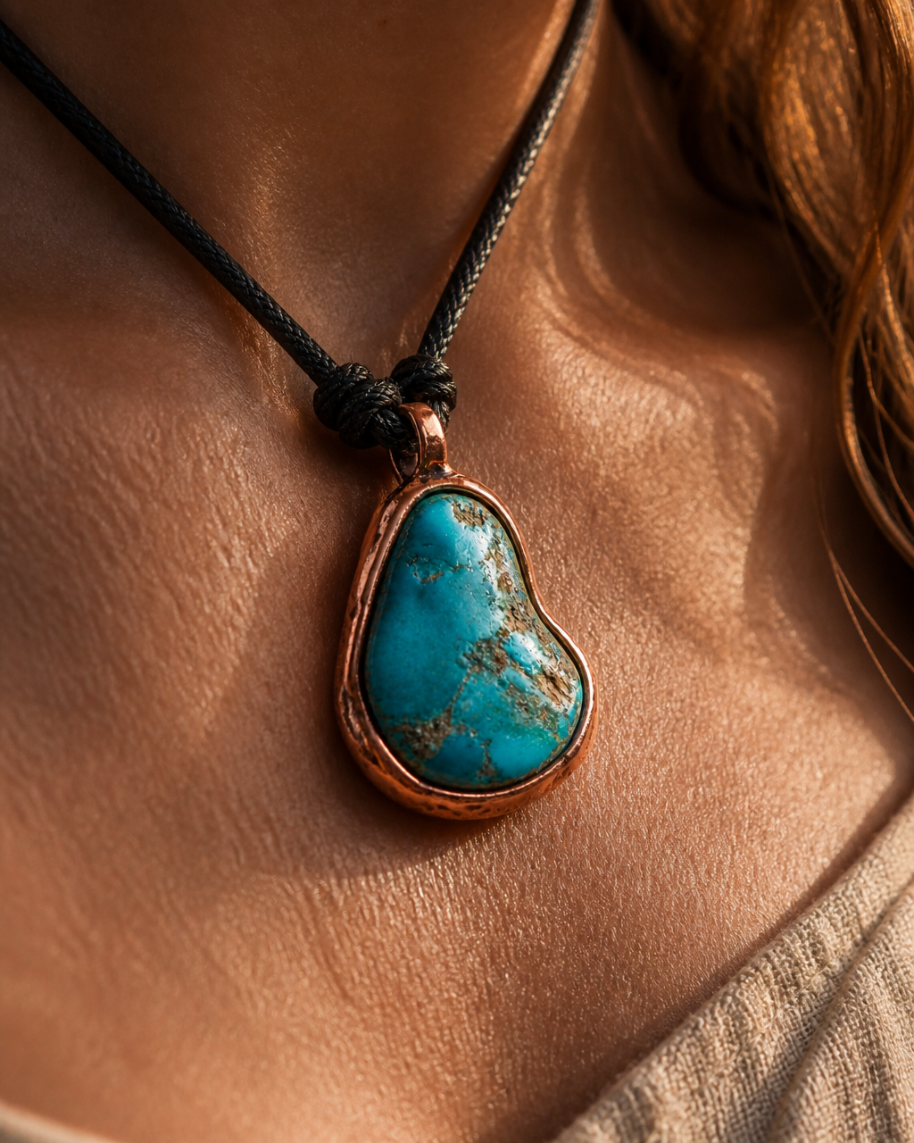 Close-up of the Kathmandu Pendant at a model's neck