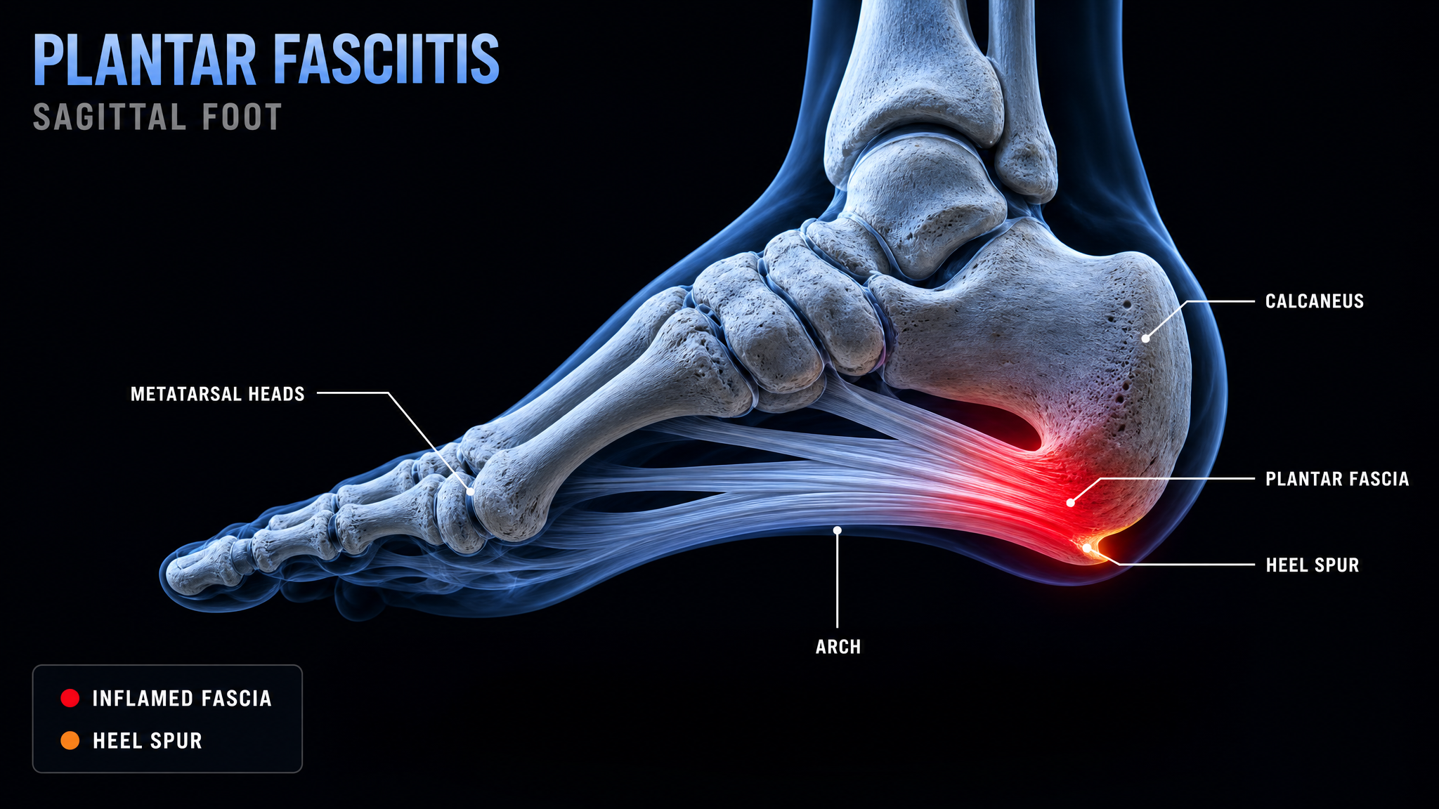 Anatomical diagram of plantar fasciitis showing the inflamed plantar fascia and heel spur
