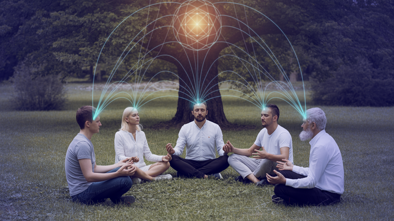 Grupa ljudi različitih uzrasta u meditativnom krugu pod drvetom — istraživanje svesti. grupa ljudi meditira u prirodi povezana energetskim tokovima, simbol kolektivne svesti, duhovne slobode i života bez rada