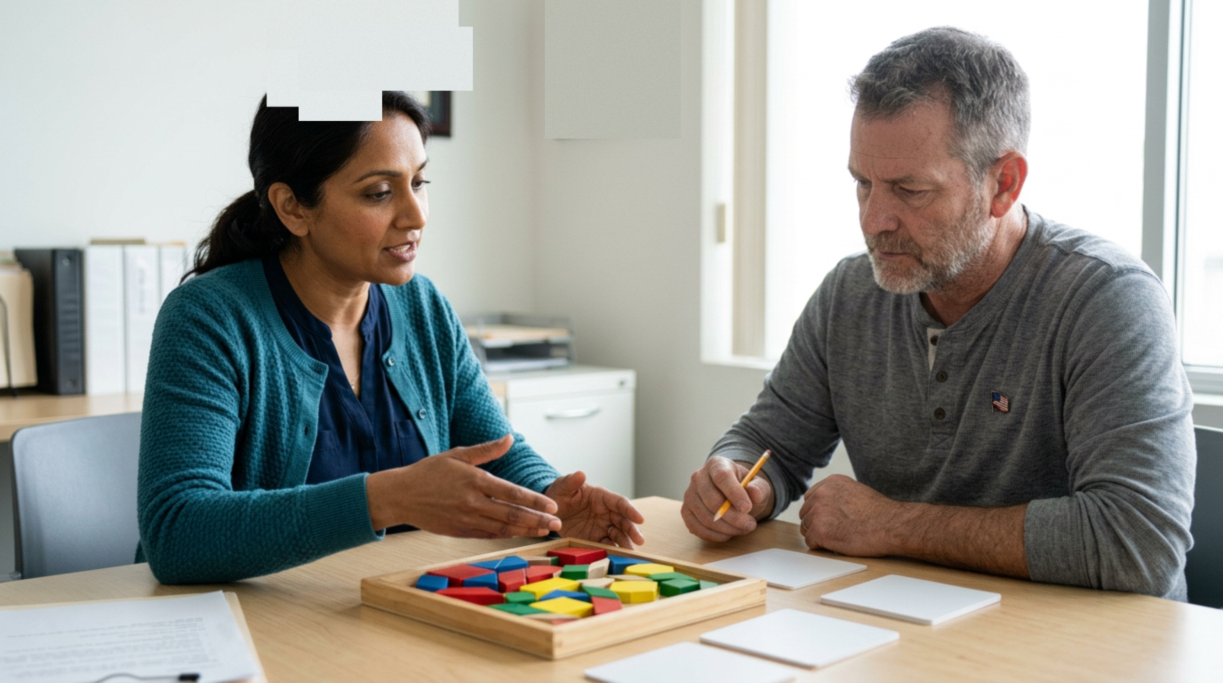 A veteran undergoing cognitive testing with wooden pattern blocks and assessment tasks while a clinician observes and records the performance during a neuropsychological evaluation