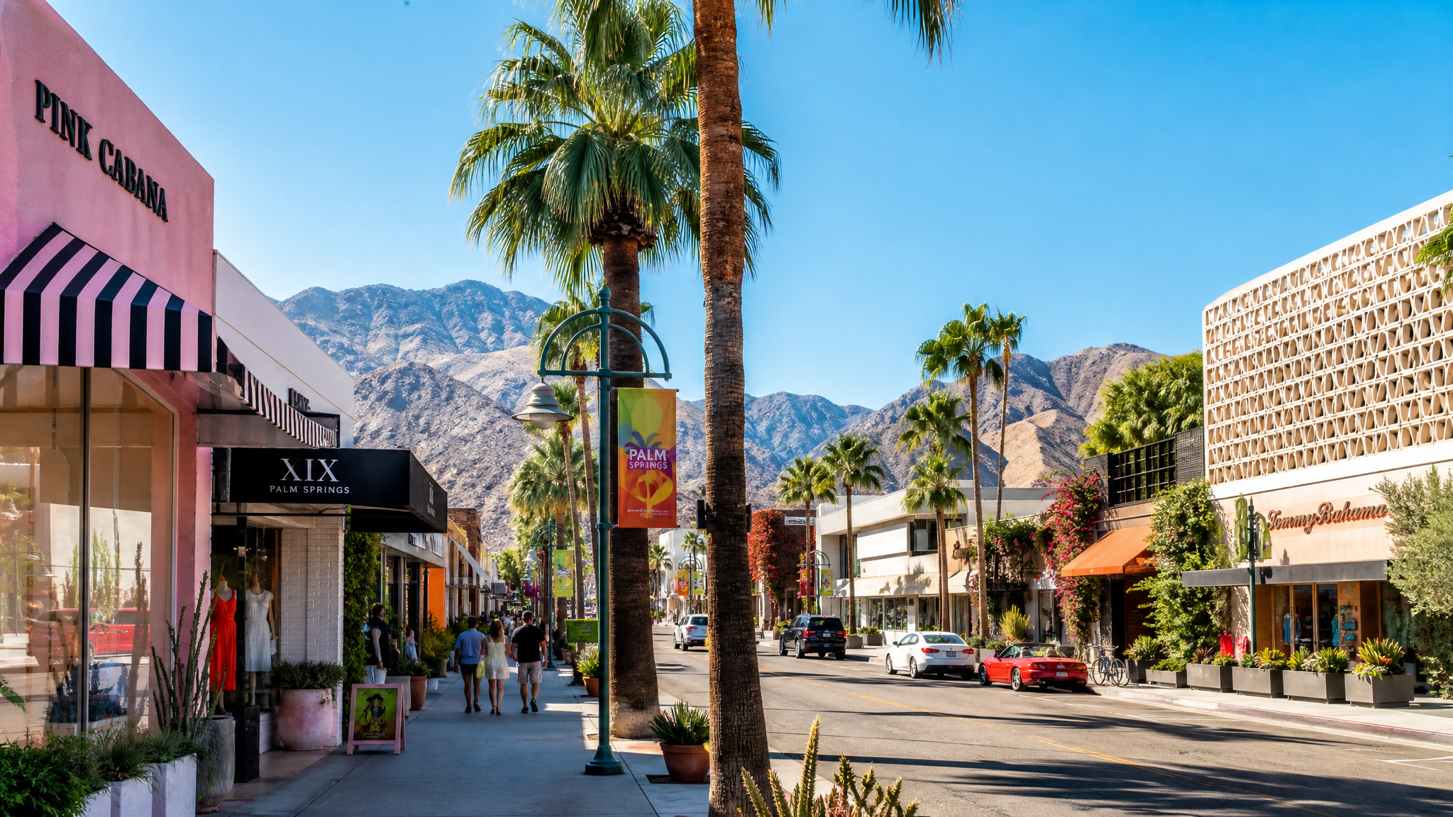 Downtown Palm Springs with palm tree-lined streets and local businesses