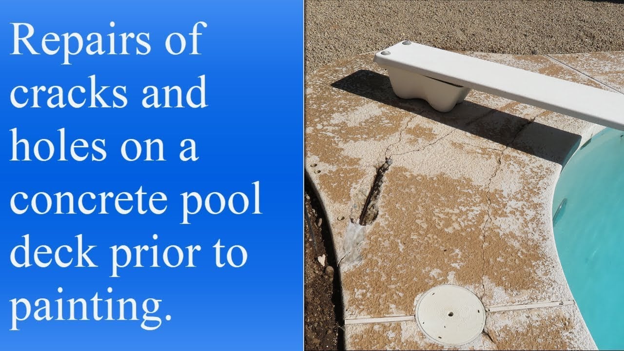 Damaged concrete pool deck from traditional pipe repair showing cracks and destruction