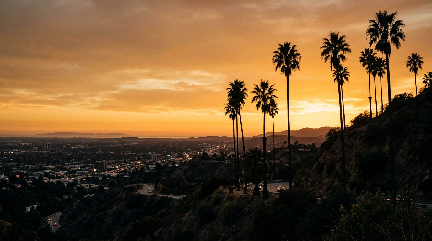 Los Angeles palm trees against a golden sky — authority born from communities.