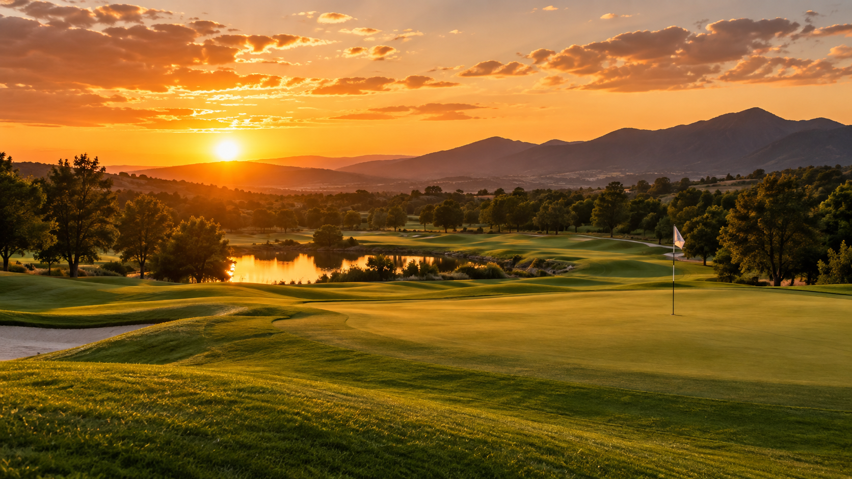 Beautiful golf course at golden hour with lush green fairways