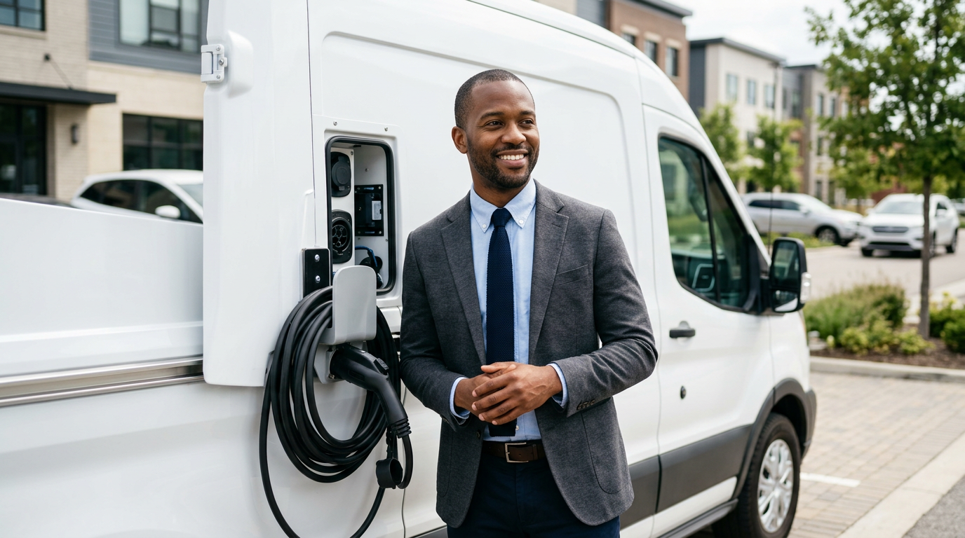 Entrepreneur standing next to a mobile EV charging service van