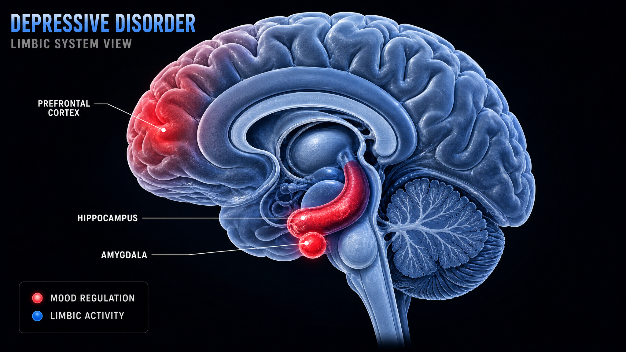 Depressive disorder brain diagram, limbic system, hippocampus and prefrontal cortex