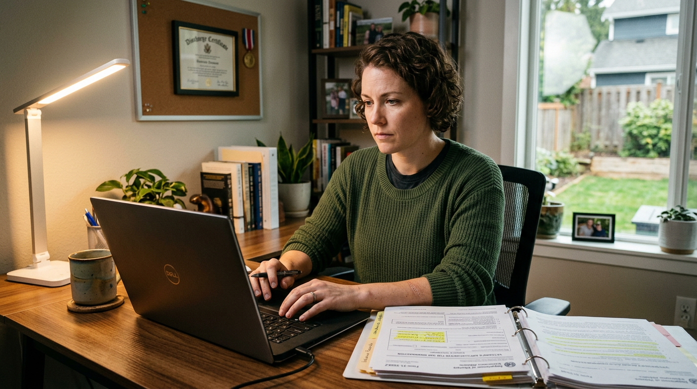 A woman veteran filing a VA disability claim on her laptop