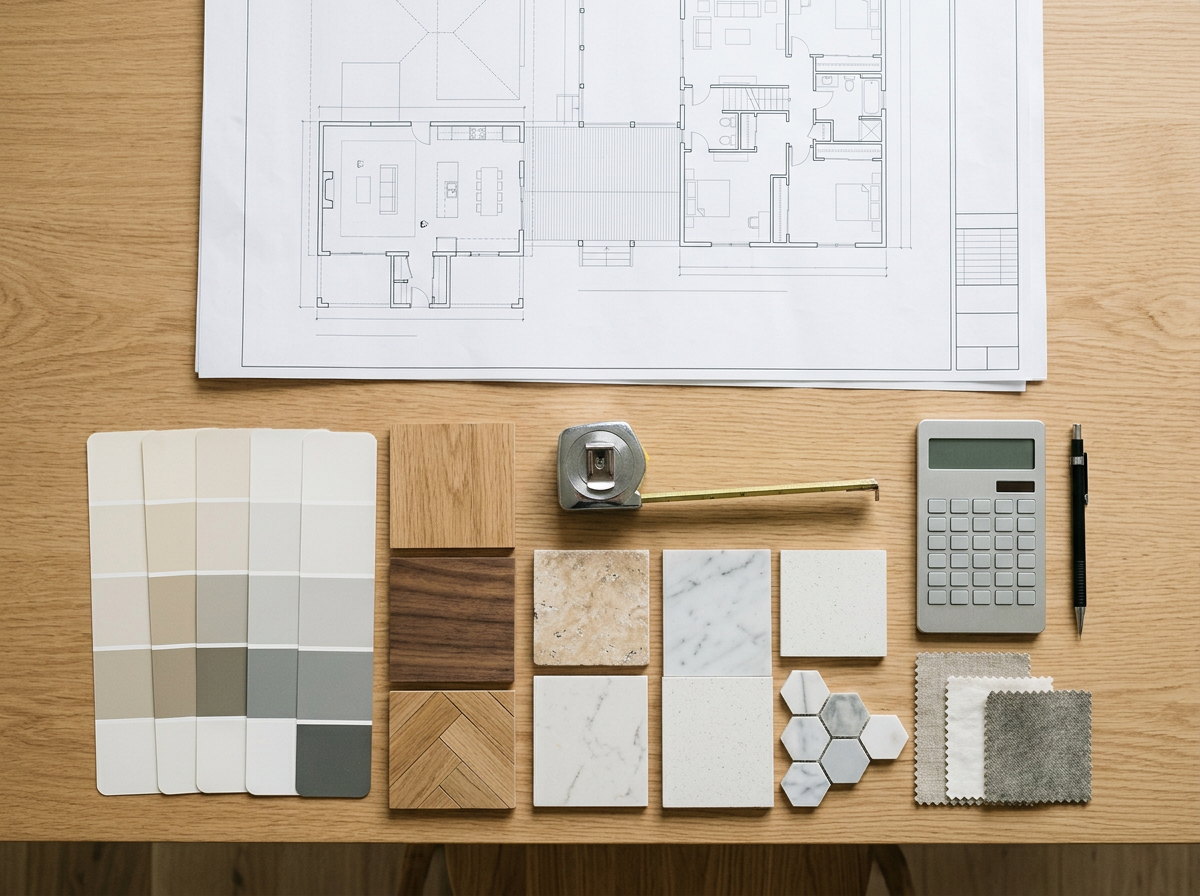 Remodeling cost planning flat-lay with blueprints, paint swatches and flooring samples