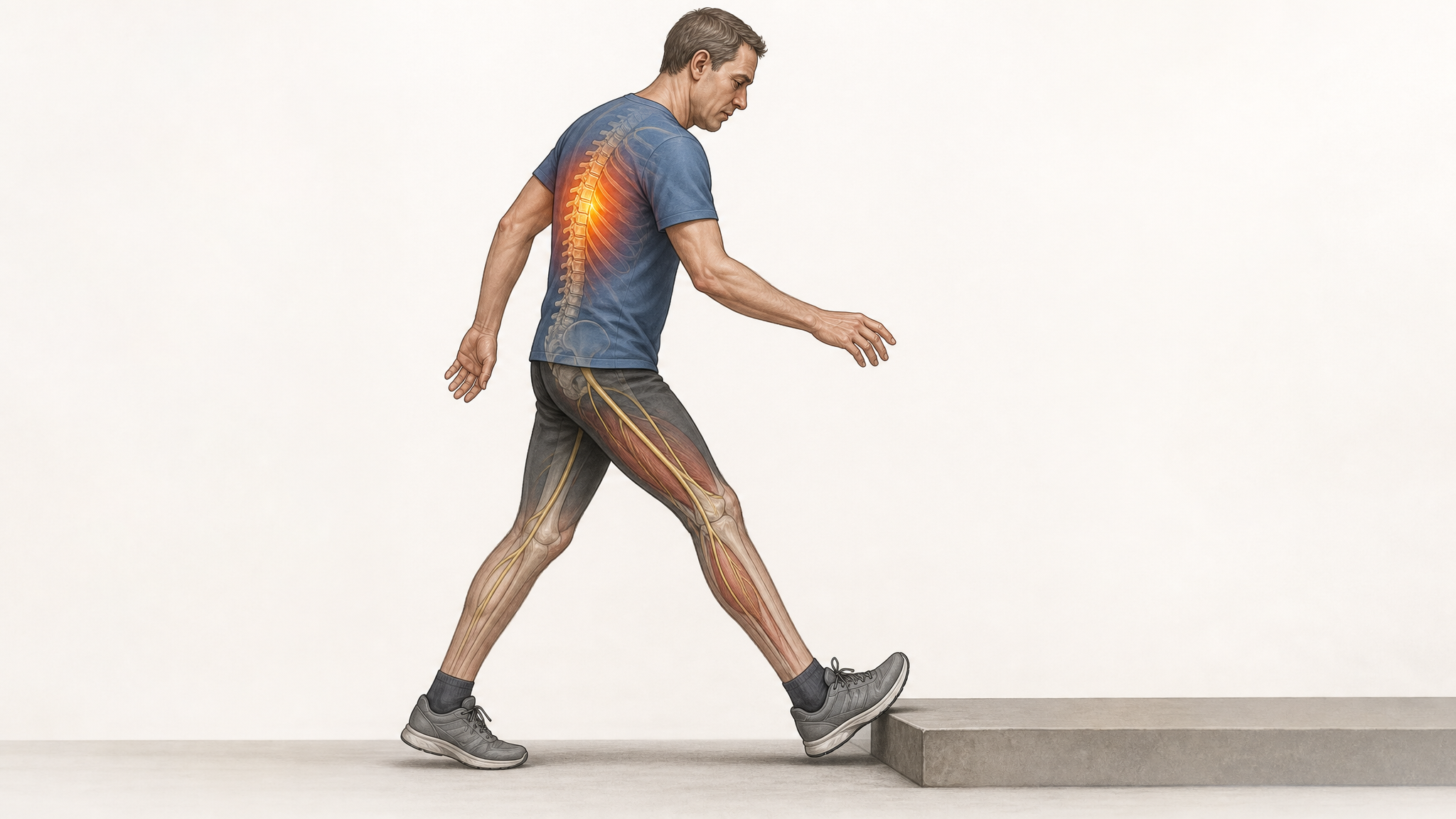 Illustration of a person mid-step catching their toe on a raised surface, the thoracic spine glowing to show the source