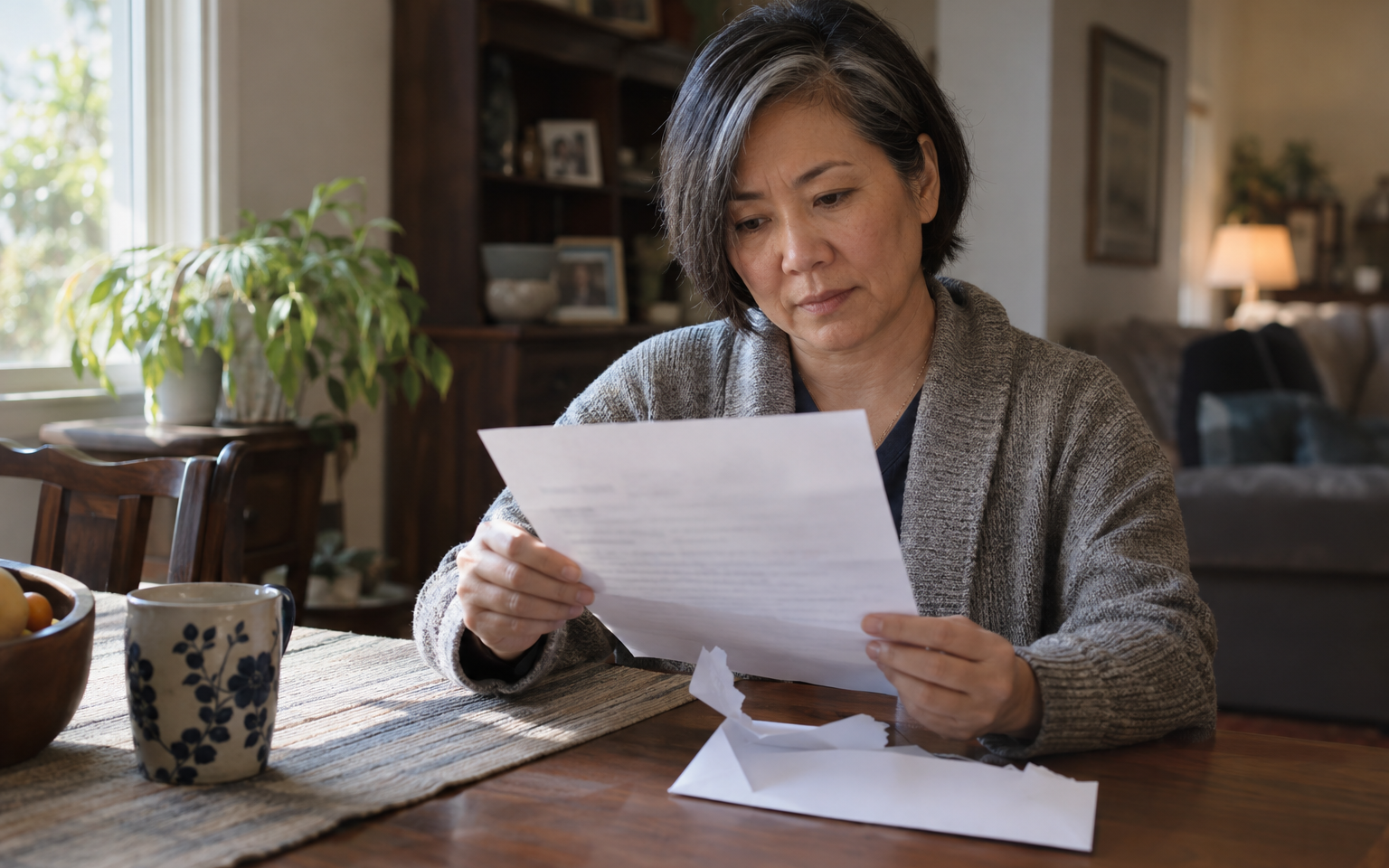 A woman veteran reading a VA letter at her dining table