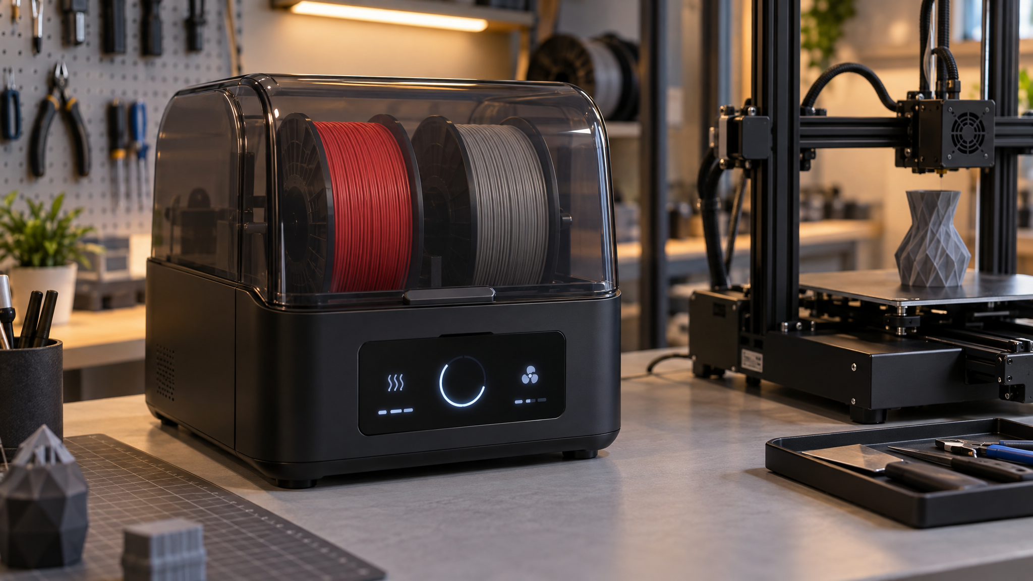 AFTEKSAN tam otomatik filament kurutucu — dijital ekranlı, çift makaralı kapalı kurutma kabini