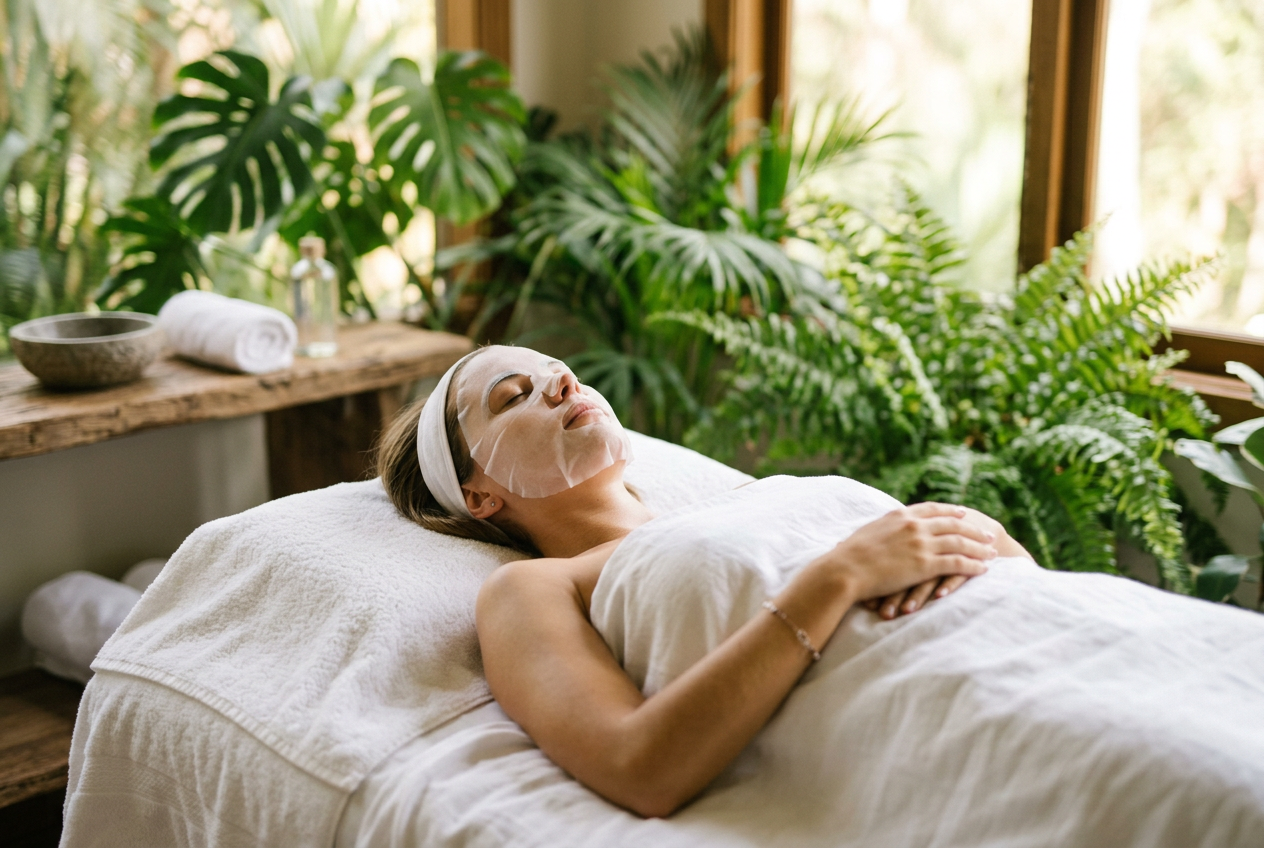 Person relaxing with CBD sheet mask in spa setting