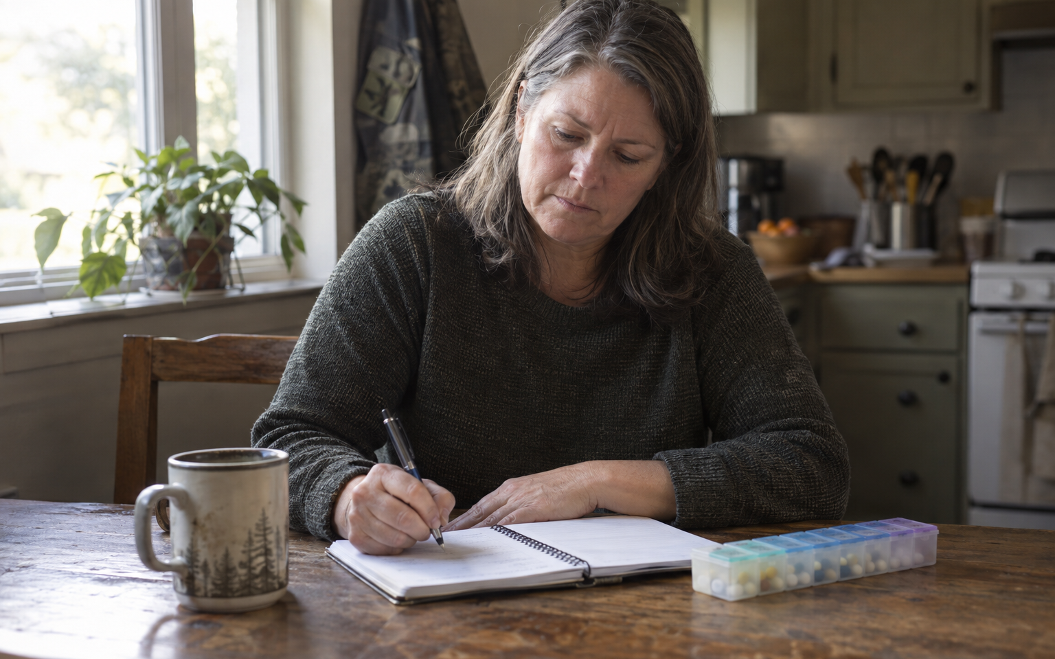 A woman veteran writing in a symptom journal at her kitchen table beside a pill organizer