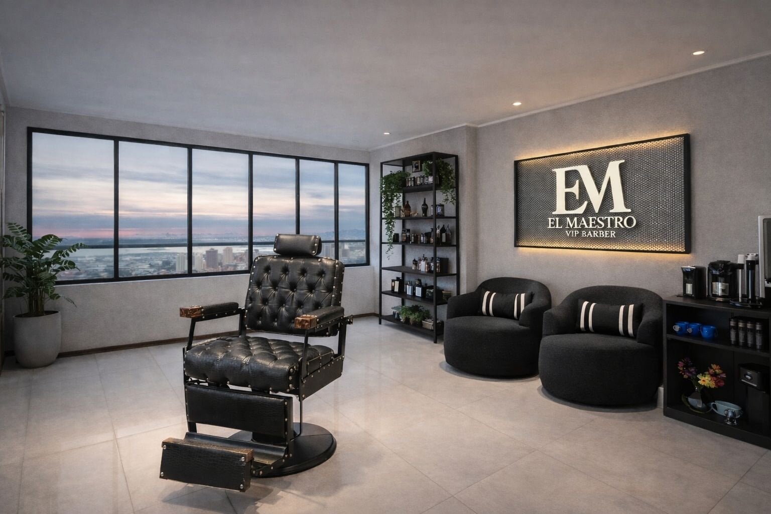 Interior El Maestro Vip Barber com vista para o Guaíba