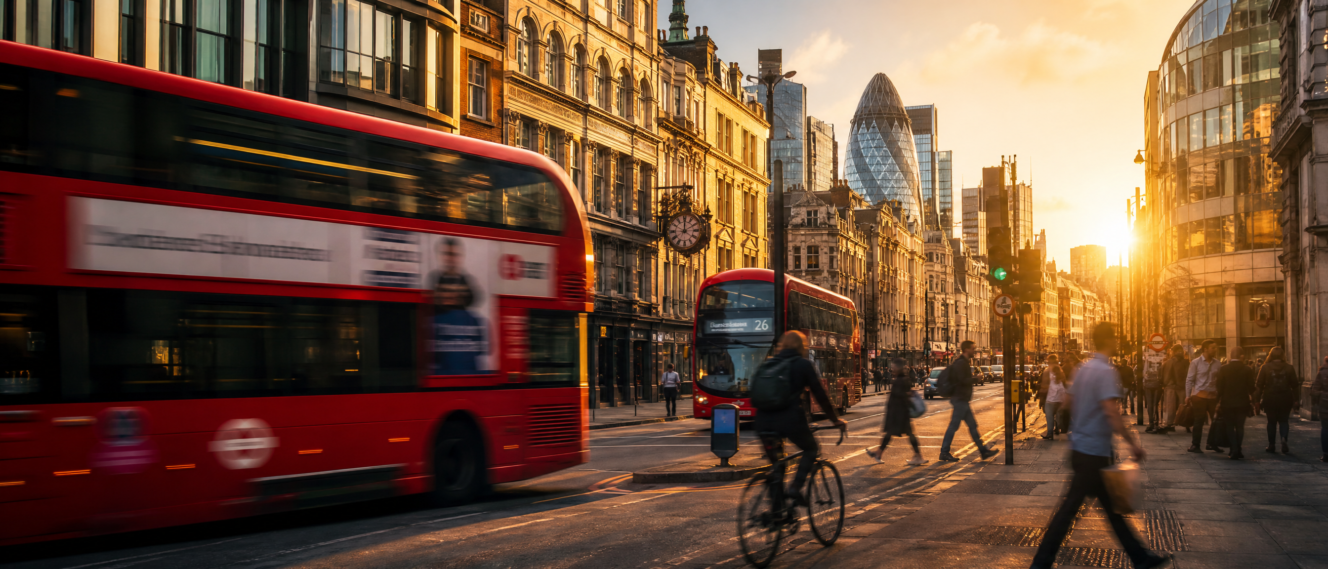 Busy London street with red buses and historic architecture