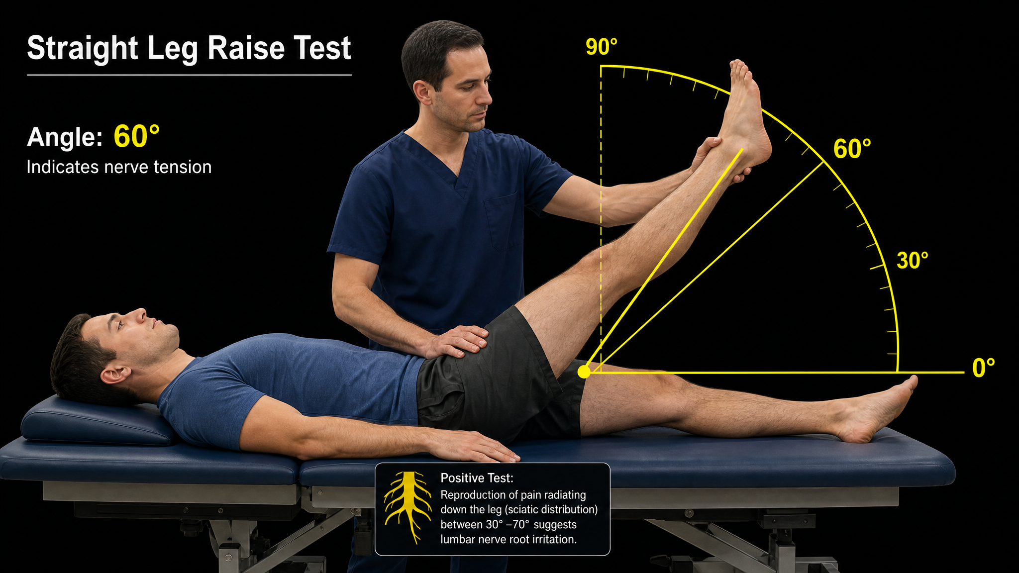 Clinical teaching diagram of the straight leg raise or Lasègue test showing the leg elevation angle in degrees and the nerve tension it reproduces