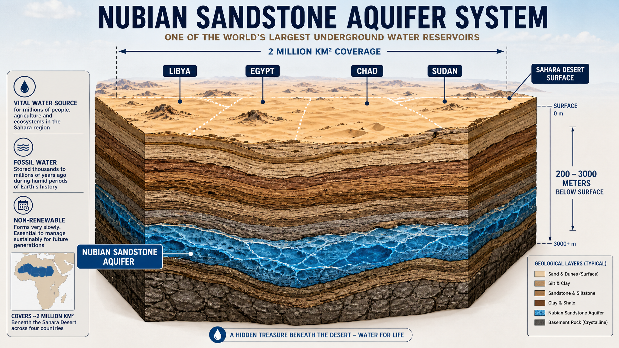 Cross-section diagram of the Nubian Sandstone Aquifer System showing layers of sandstone and water beneath the Sahara Desert