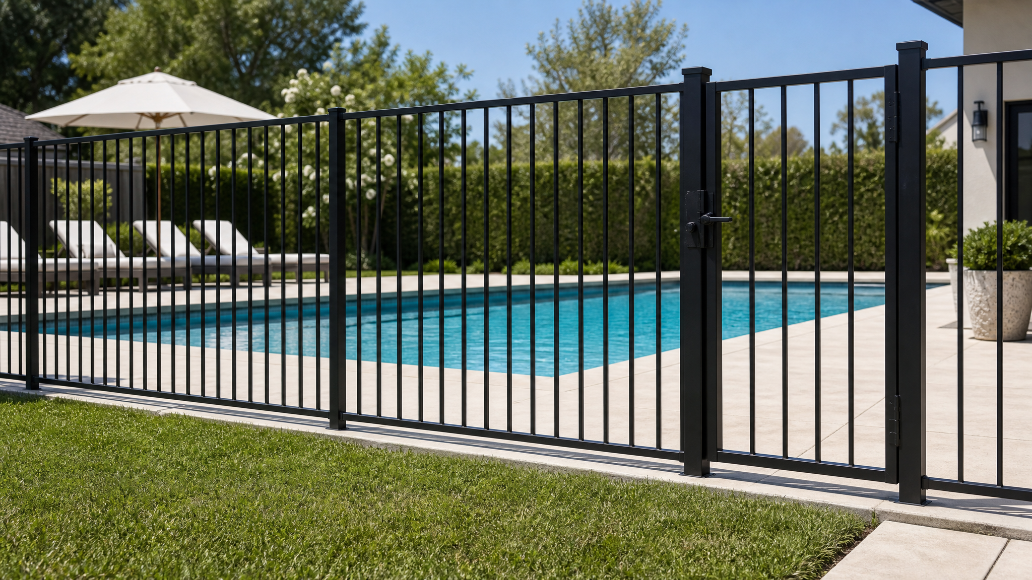 R100 Residential flat-top welded steel pool enclosure with self-closing gate around a backyard pool