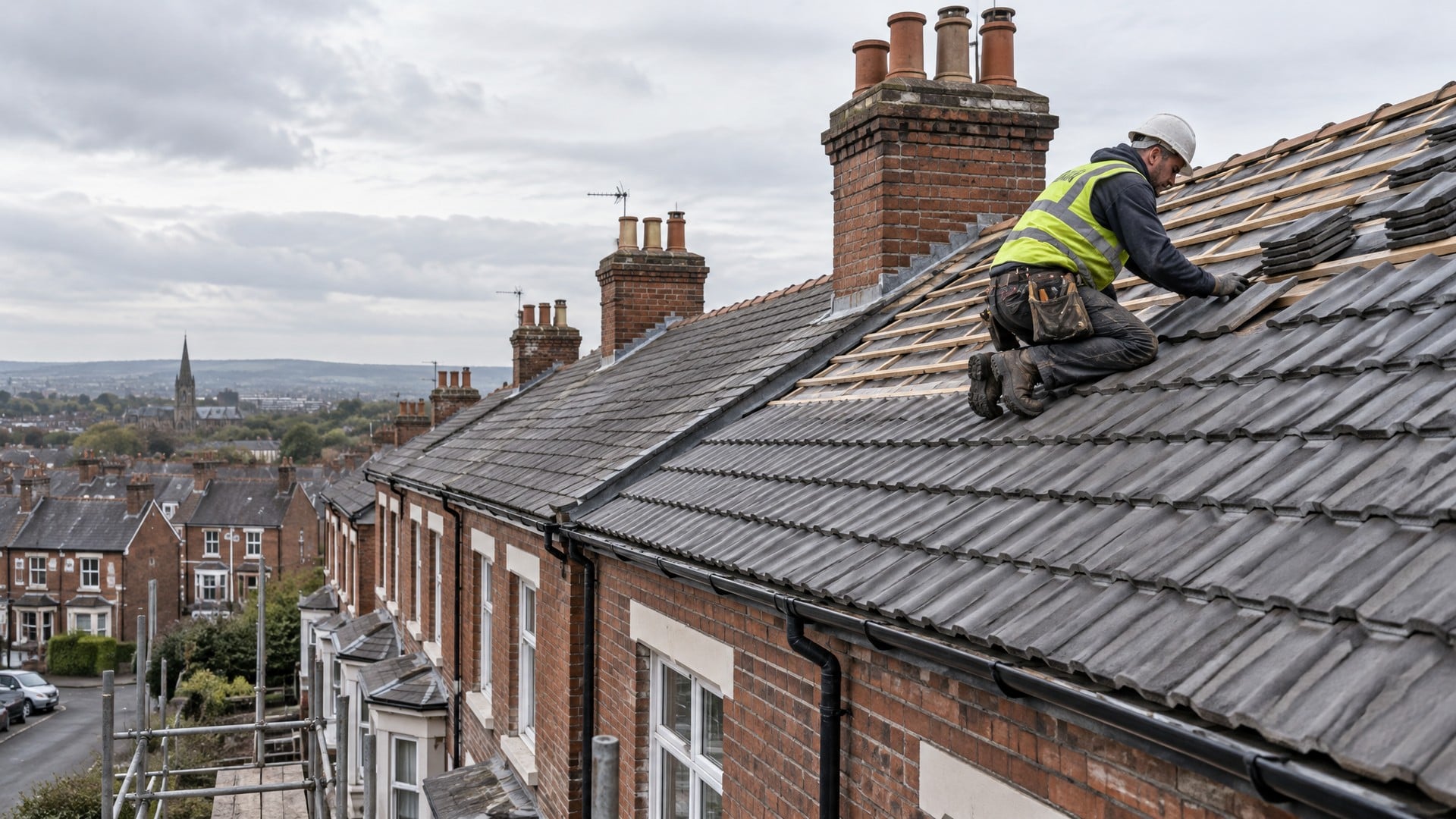 Professional roofer fixing tiles on a UK house
