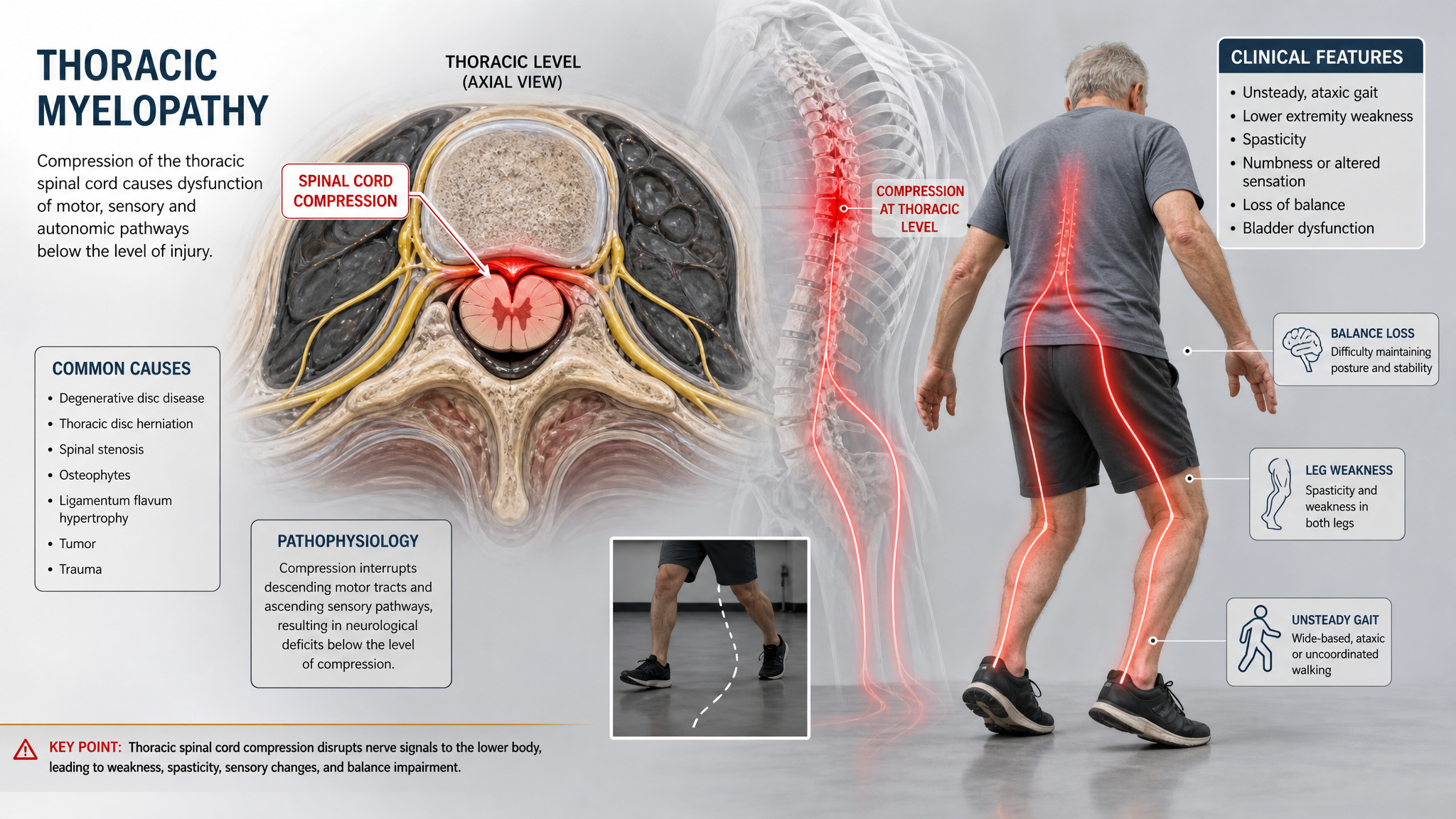 Clinical teaching illustration of thoracic spinal cord compression marked in red with the effect traced down into unsteady legs and an off-balance gait