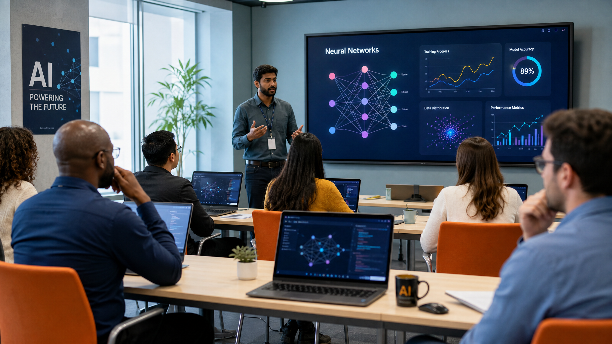 Professional AI training workshop with people learning about AI in a modern setting