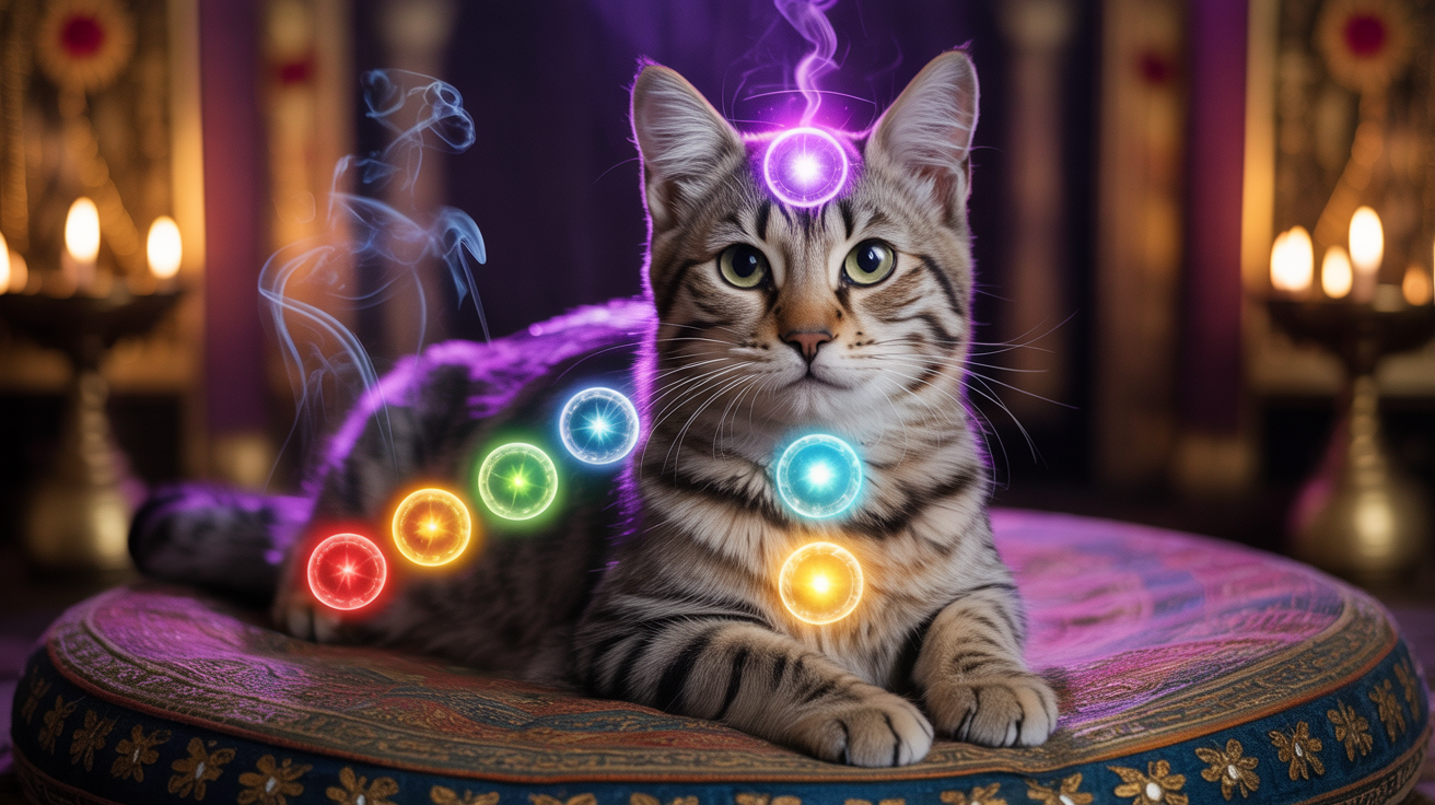 Mačka sa vidljivim čakrama duž tela dok leži u mističnom okruženju. Čakre kod mačaka energija mačka duhovna energija ljubimci balans energije mačka